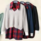 Set: Plaid Sleeveless Shirt + Color Block Sweater