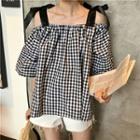Bow Plaid Off-shoulder Elbow-sleeve Top As Shown In Figure - One Size