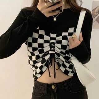 Checker Print Drawstring Knit Top
