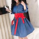 3/4-sleeve Buttoned A-line Denim Dress With Belt Blue - One Size