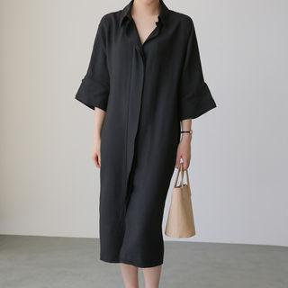 3/4-sleeve Hidden-button Shirtdress With Belt