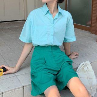 Elbow-sleeve Plain Shirt / Wide-leg Shorts