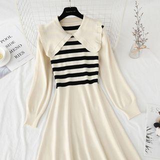 Long-sleeve Striped Collared Knit Dress