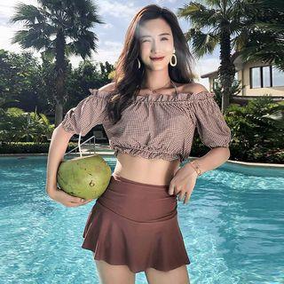 Set: Checked Bikini Top + Swim Skirt + Cover Up