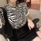 Short-sleeve Zebra Print T-shirt / Buckled Drawstring A-line Skirt
