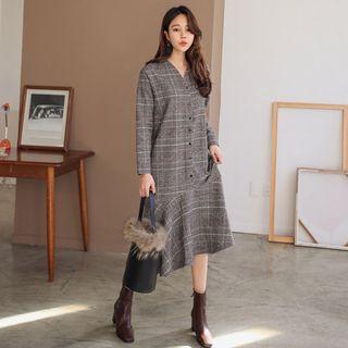 V-neck Checked Long Dress