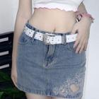 High-waist Heart Embroidered Denim Mini Pencil Skirt