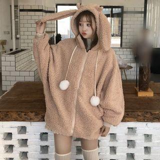 Fleece Hooded Zip Jacket Camel - One Size