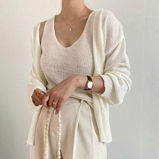 Long-sleeve Plain Knit Cardigan + Plain Tank Top