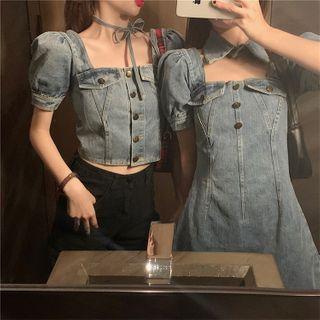 Square-neck Short-sleeve Slim-fit Denim Dress / Top
