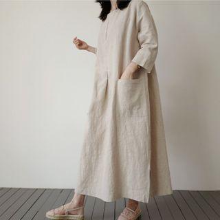 3/4-sleeve Midi A-line Linen Dress