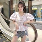 V-neck Puff-sleeve Peplum Top