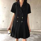 Short-sleeve Plain Pleated Hem Shirtdress Black - One Size