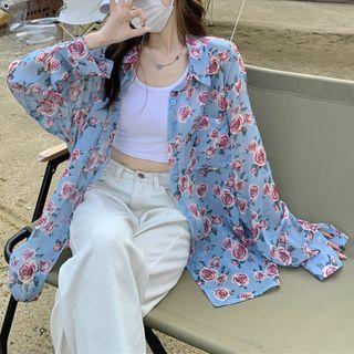 Long-sleeve Floral Shirt Blue - One Size