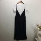 Set: Plain Short Sleeve Top + Plain Chiffon Pinafore Jumpsuit