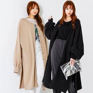 Balloon-sleeve Buttoned Long Cardigan