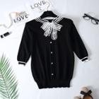 3/4-sleeve Lace Trim Buttoned Knit Top