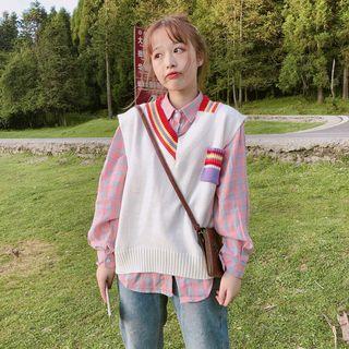 Rainbow Stripe Knit Vest / Plaid Shirt