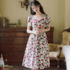 Puff-sleeve Rose Print Midi A-line Dress