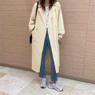 Plain Tie-waist Coat Khaki - One Size