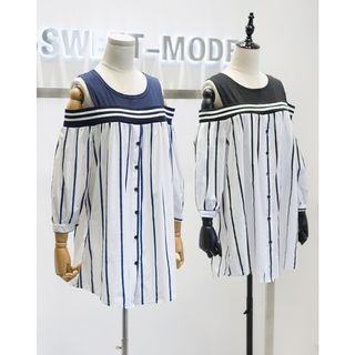 Off-shoulder Striped Shirt Dress