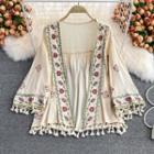 Embroidered Tassel Open Front Cardigan