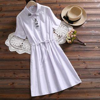 Short-sleeve Rabbit Embroidery Plaid A-line Dress