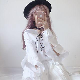Tie Neck Ruffle Trim Blouse