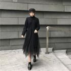 Set: Turtleneck Long Sweater + Mesh A-line Skirt As Shown In Figure - One Size