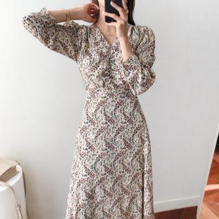 Long-sleeve V-neck Floral Dress As Shown In Figure - One Size
