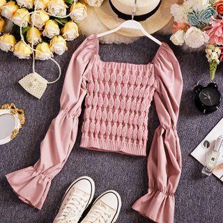 Knit Panel Bell-sleeve Blouse