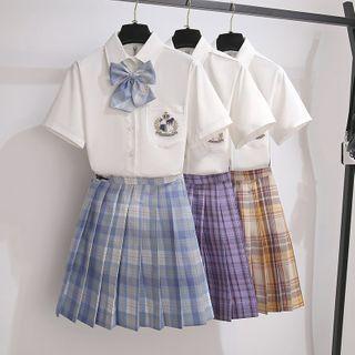 Set: Embroidered Short-sleeve T-shirt + Plaid Mini Pleated Skirt