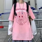 Mock Two-piece Long-sleeve Cartoon Print T-shirt Pink & White - One Size