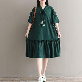 Embroidered Short-sleeve Tie-neck Dress