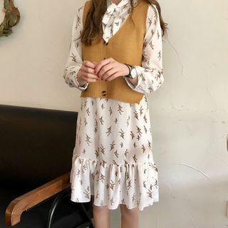Floral Print Long-sleeve Tie-neck Dress / V-neck Knit Vest
