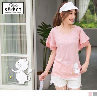 Cat-print Chiffon Panel Ruffle Top