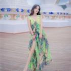 Floral Print Sleeveless Tie-waist Slim Dress