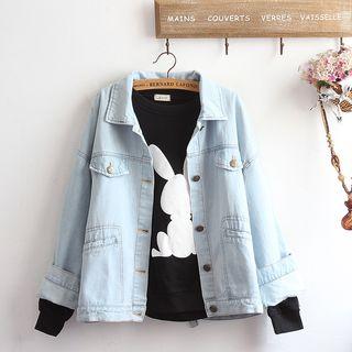 Set: Buttoned Denim Jacket + Rabbit Print Sweatshirt