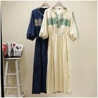 Lantern-sleeve Pattern Printed Midi Dress Almond - One Size