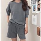 Set: Round-neck Perforated Top + Band-waist Shorts