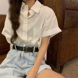 Short-sleeve Plain Loose-fit Shirt White - One Size