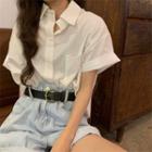 Short-sleeve Plain Loose-fit Shirt White - One Size