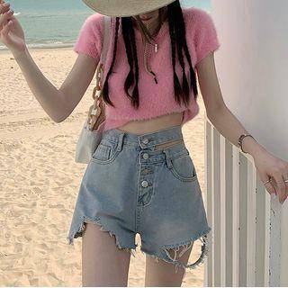 Fluffy Top / High-waist Denim Shorts