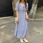Floral Square-neck Puff-sleeve Dress Purplish Blue - One Size