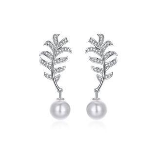 925 Sterling Silver Leaf Earrings With Austrian Element Crystals And Fashion Pearls Silver - One Size