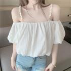 Puff-sleeve Cold Shoulder Faux Pearl Top