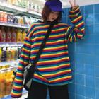Long-sleeve Rainbow Striped T-shirt As Shown In Figure - One Size