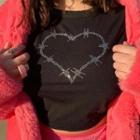 Short-sleeve Rhinestone Heart Print Top