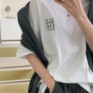 Letter Embroidery Cotton T-shirt Ivory - One Size