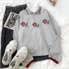 Floral Embroidered Half-zip Sweatshirt Gray - One Size
